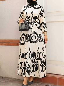 Geometric Print Long Sleeve Loose Dress, Elegant Casual Long Robe Dress, Suitable For Daily Commute, Modest - Apricot - View 2