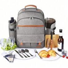 Sunflora Picnic Backpack For 4 Person With Blanket Picnic Basket Set For 2 With Insulated Cooler Wine Pouch For Family Couples (Blue & Stripe) - Brush Beige - View 7