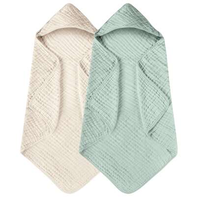 2 Pcs Hooded Baby Bath Towels, Baby Towels With Hood, Suitable For Newborns, Infants, Toddlers And Children, Large Size 81.28 X 81.28 Cm, Soft Absorbent Essential For Newborns, Green & Beige