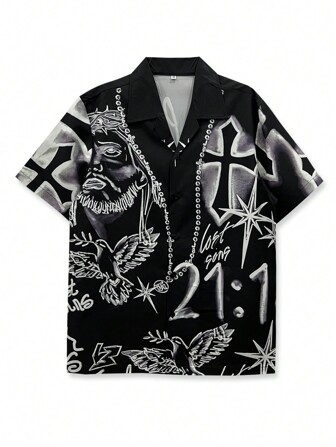 Men's Black & White Shirt With Floral, Abstract Cross, Face, And Bird Prints