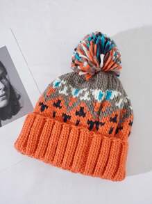 1pc Women Bohemian Rainbow Contrast Color Knit Hat, Autumn/Winter Fashion Versatile Double Layer Warm Knitted Hat With Large Pom Pom, Outdoor Ski Cycling Sport Earwarmer Cap - Multicolor - View 17