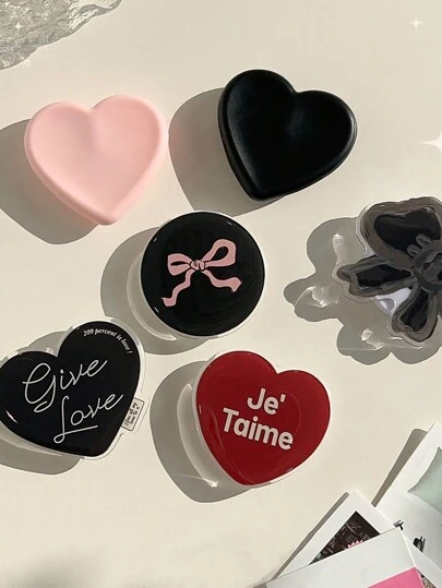 GUCADI 1pc Korean Style Heart & Bow Stand Holder, Applicable Cute Creative Phone Case With Extensible Cartoon Multi-Functional Folding Glue Compatible With Apple, Honor, VIVO, OPPO Compatible With IPhone, Android Phone, Gift For Birthday, Family, Friends Push-Pull Phone Grip, Phone Holder, Phone Accessories