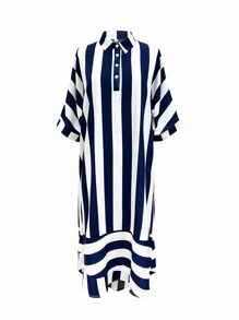 Vestido casual suelto de mujer con estampado de rayas, cuello de camisa y mangas cortas, camisetas elegantes estilo bohemio