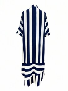 Vestido casual suelto de mujer con estampado de rayas, cuello de camisa y mangas cortas, camisetas elegantes estilo bohemio