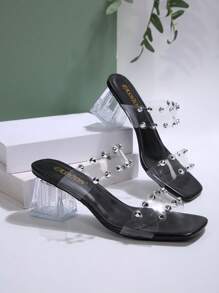 New Arrival Plus Size Women Square Toe Thick Heel Transparent Leather High Heel Sandals, Casual Versatile Elegant Ladies Shoes For Summer Valentines