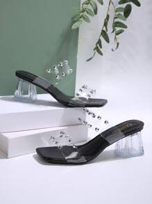 New Arrival Plus Size Women Square Toe Thick Heel Transparent Leather High Heel Sandals, Casual Versatile Elegant Ladies Shoes For Summer Valentines