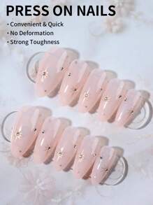 24pcs Y2K Style Long Almond Stars With Rhinestones Design Tip Press On Nails Perfect Fit Acrylic Fake Nails Set , Contain 1pc Jelly Glue And 1pc Nail File, Almond Nails For For Woman & Girl Daily Wear Rave Party Use