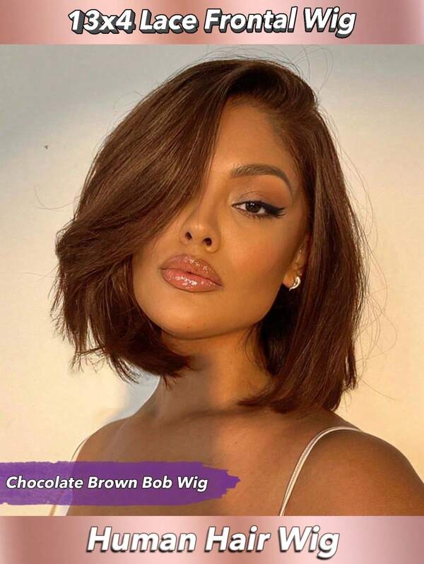 Peluca bob de cabello castaño chocolate de 8-14 pulgadas, peluca bob frontal completa transparente de encaje 13x4, cabello humano remy brasileño corto, pelucas bob color marrón #4 con densidad del 200% y línea del cabello previamente depilada