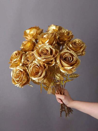 2/5/9支装仿真金玫瑰花装饰，丝绸玫瑰花束，适用于情人节派对、逼真假玫瑰婚礼装饰、路边花艺布置、家居装饰礼品、生日毕业典礼（如有异味，请将物品放置在通风良好的地方1-3天）