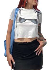 Women Crop Tops Bra Print Short Sleeve Round Neck Casual T-Shirts Summer Slim Fit Shirts Streetwear