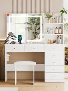 VOWNER Makeup Vanity Desk With Outlets, Large Mirror With Light Bulbs Color & Brightness Adjustable, 6 Drawers For Storage, Come With Stool, For Girls Women - White-lED Light Mirror & 7 Drawers - View 7