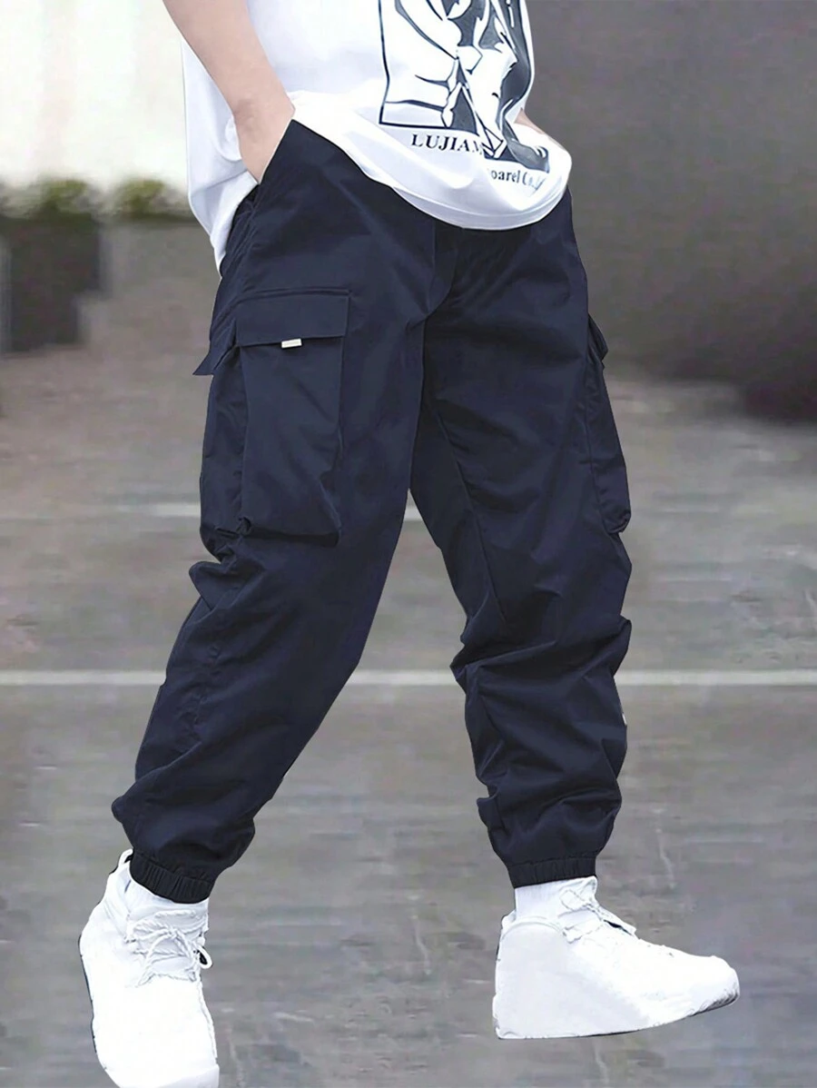 1 pieza Pantalones informales, deportivos y con bolsillos para adolescentes varones, aptos para primavera/verano/otoño/invierno - Azul Marino - Ver 1
