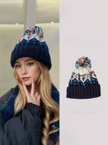 1pc Women Bohemian Rainbow Contrast Color Knit Hat, Autumn/Winter Fashion Versatile Double Layer Warm Knitted Hat With Large Pom Pom, Outdoor Ski Cycling Sport Earwarmer Cap - Multicolor - View 3