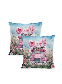 2 Peças Fronhas do Dia dos Namorados, Fronhas Decorativas de Gnomos de Amor de Rosas Flamingo Carro Fazenda para Casa, Quadrada, para Sofá, Sala de Estar, Quarto, Cama, Sofá, Cadeira, Capa de Almofada, Universal para Todas as Estações (Sem Enchimento) - Multicolorido - Visão 4