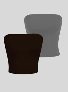Women's Basic Cropped Tube Top Strapless Long Double Tube Top Without Pads - 灰色 - 查看 5