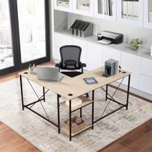 Mainstays Two-Way Convertible Desk With Lower Storage Shelf, Black Wood Grains Finish And Black Metal Frame - 米色 - 查看 6