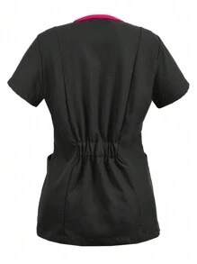 U4U Uniforms Women's Filipina V-Neck Crossover With Elastic Back - Black With Fuchsia - View 2