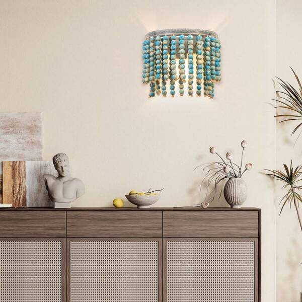 Applique da parete Boho, applique da parete Art Déco vintage per interni, applique da parete cablata per corridoio, illuminazione per camera da letto, soggiorno, ingresso (perline di legno blu)