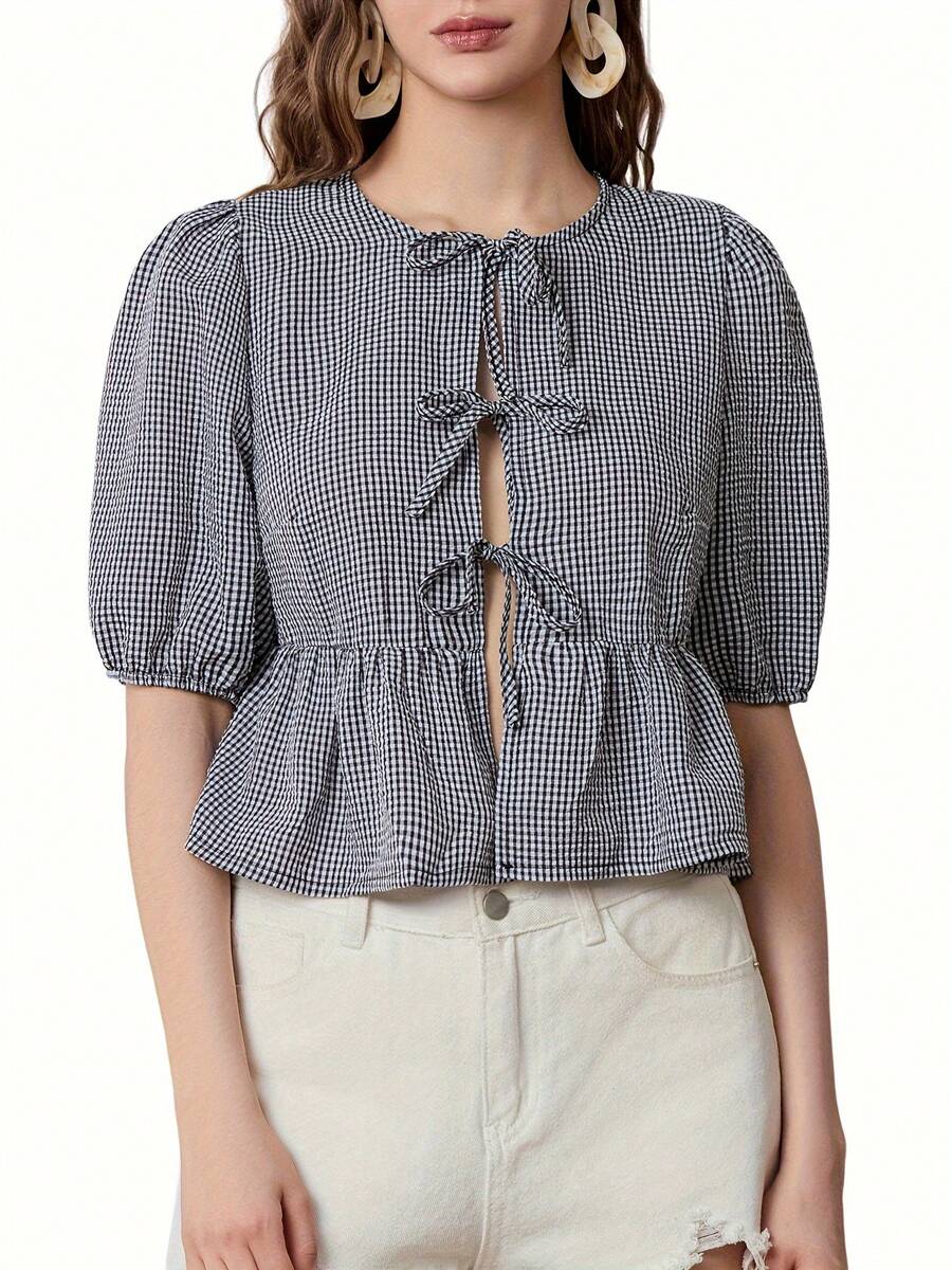 Women Plaid Print Shirt Bow Lacing Closure Short Sleeves Round Neck Loose Flowy Tops