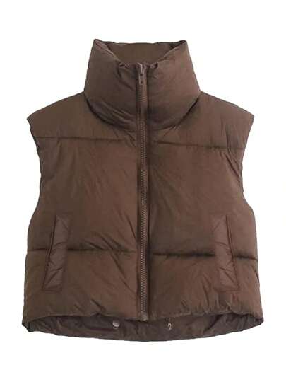 Women's Winter Crop Vest Puffer Lightweight Stand Collar Padded Vest Zip Up Sleeveless Jacket Winter Warm Outerwear