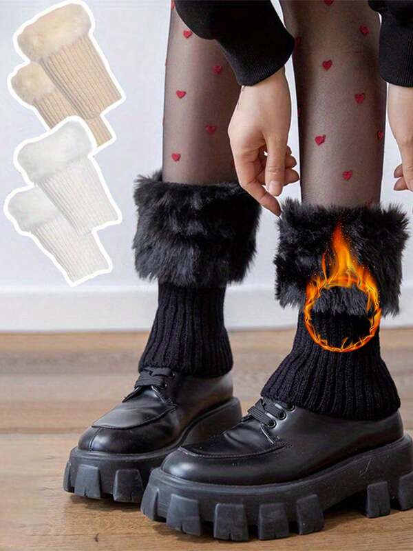 1 Pair Women's Autumn/Winter Striped & Solid Color Leg Warmers, Fluffy Trim Design, Fashionable Street Style, Suitable For Women's Daily Life