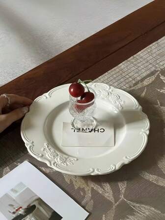 1pc French Ceramic Embossed Plate, Elegant Dessert/Snack Plate For Afternoon Tea And Home Dining