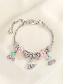 1 pieza Pulsera con cadena de moda moderna para jóvenes, colgante con cristal morado en forma de mariposa, cisne rosa y cuentas de atrapasueños en forma de corazón, regalo lindo para niñas y estudiantes