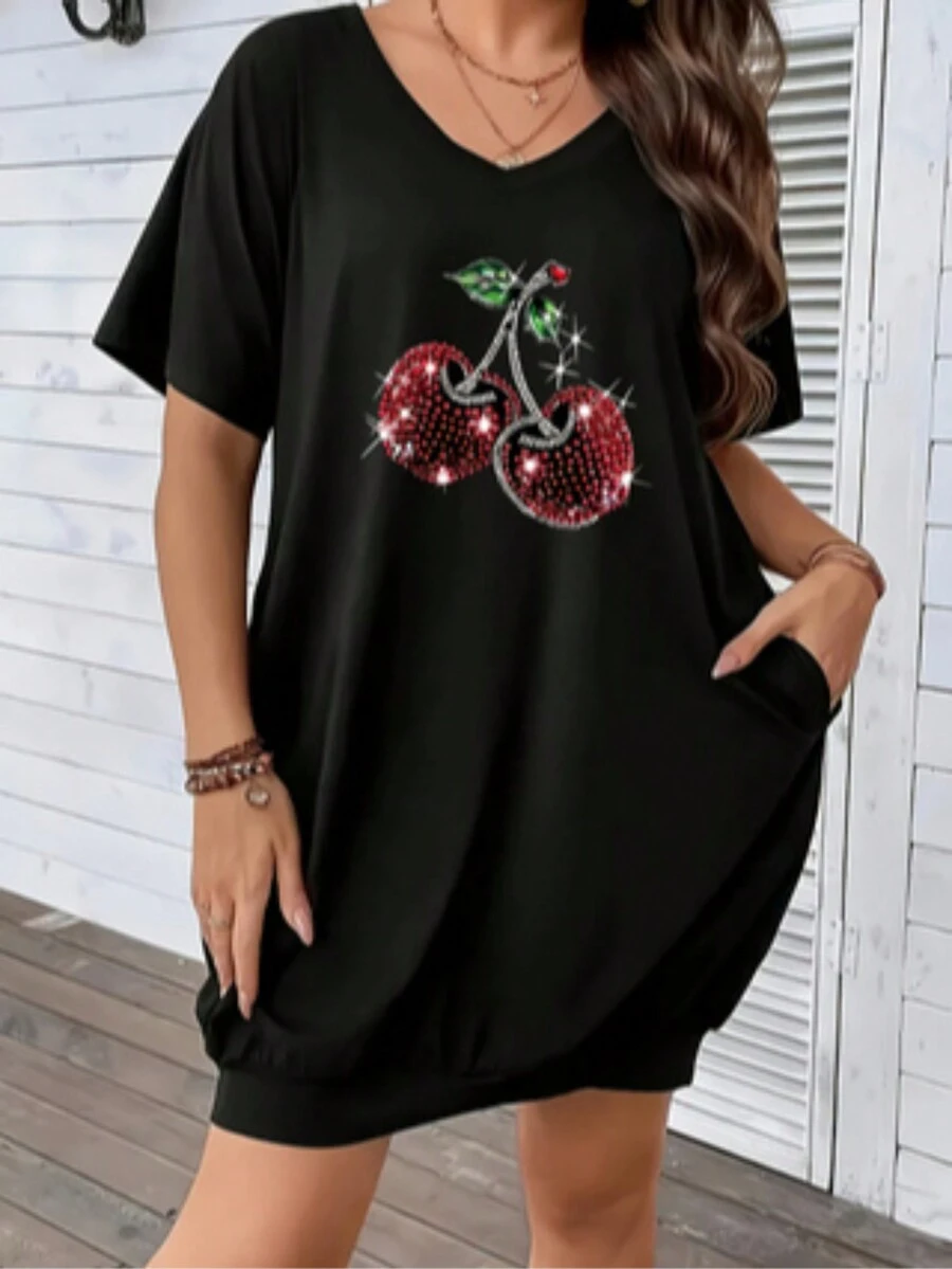 Plus Size Women V-Neck Short Sleeve Solid Color Casual T-Shirt Dress - Black - View 1