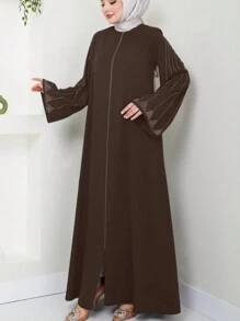 Vestido elegante para mujer de estilo árabe, holgado, de unicolor, con decoración de strass, manga larga, modesto, para primavera y otoño - color café - Ver 1
