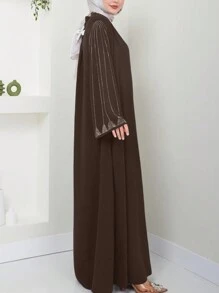 Vestido elegante para mujer de estilo árabe, holgado, de unicolor, con decoración de strass, manga larga, modesto, para primavera y otoño - color café - Ver 5