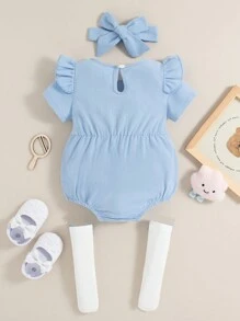 Baby Girl Spring/Summer Blue Lovely Cap Sleeve Bodysuit & Headband & Bow Socks Set - Blue - View 2