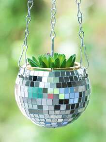 1pc Disco Ball Planter – Mirror Disco Planter With Chain - Silver - View 7
