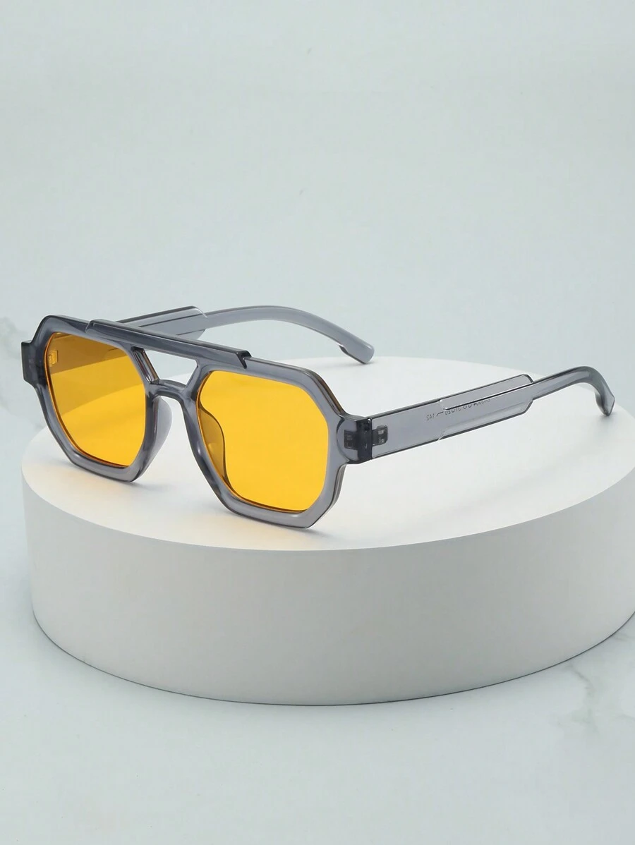 1 件男士双桥方形框架简约时尚眼镜，适合驾驶、旅行、休闲、度假、户外、日常使用 - 灰框黃片 - 查看 1