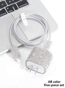 5pcs/Set Rhinestone Decor Charger Cover And Data Cable Protector Set, Charging Adapter Cover Compatible With Apple 18W/20W Fast Charger, Compatible With Iphone 16/15 Series Charger Protector