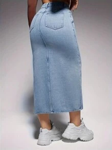 Saia Denim Maxi Casual com Fenda no Bolso e Bainha para Mulheres
