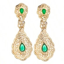 Classic Moroccan Style Golden Drop Hollow Floral Carved Arabic Wedding Jewelry Earrings, For Party Everyday Wear