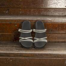 Women's Sandal With Shiny Rhinestone Straps, Two In One With Adjustable Strap, Comfortable Flat Sandals - 黑色 - 查看 4