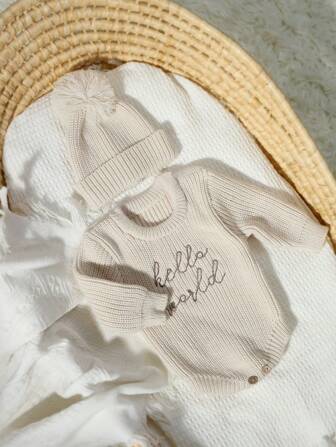 2pcs/Set Newborn Baby "Hello World" Embroidered Knit Bodysuit & Pompom Beanie Hat Set, Infant Photo Prop Christening Outfit Baby Shower Family Decorations Gifts Baby Shower Easter Gifts Things For Girls/Boys