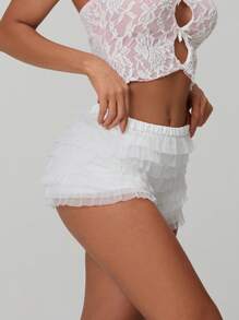 Pantalones cortos para mujer, shorts casuales de cintura elástica sólida con diseño de capas, ajuste delgado, para uso clubwear en verano - Blanco - Ver 7