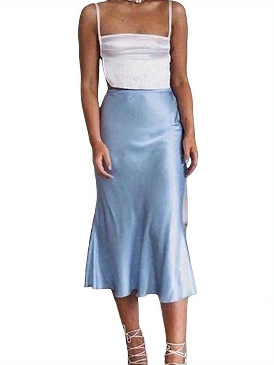 Women's Y2K Summer High Waist Skirt Solid Color Long Satin Skirt For Travel, Beach, Shopping - 淺藍色 - 查看 1