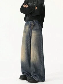 Calça jeans masculina casual, estilo retrô vintage, modelagem ampla e lavagem especial (sem cinto e acessórios). - Azul Empoeirado - Ver 4