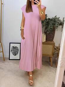 Vestido largo casual de cuello redondo de unicolor para mujer, para uso diario