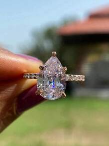 1 件奢华水晶泪珠设计戒指，优雅订婚/结婚戒指礼物，适合女性、派对珠宝 - 玫瑰金色 - 查看 12