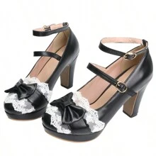 Mary Janes For Women Platform Heels Bow Kawaii Shoes Vintage Dress Pumps - màu đen - Xem 5