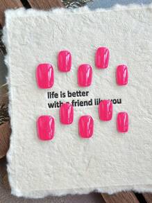 10 件手工按压式指甲：短方形粉色纯色假指甲套装，瞬间让您魅力四射，附带 1 个果冻凝胶样品和 1 个指甲锉 美甲用品