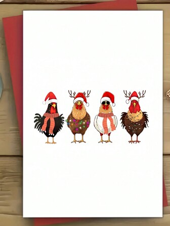 1 st roligt höns-tema julhälsningskort med kuvert, jultomtehatt kycklingar, unisex papperskort för alla mottagare, humoristiskt födelsedagskort alternativ