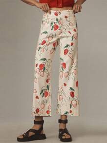 Women Wide Leg Denim Pants Casual Loose Fruit Print Crop Capri Jeans Trousers For Work Office Streetwear
