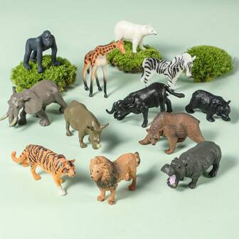 12 件/套逼真的丛林动物公仔玩具套装，采用 PVC 制成，栩栩如生的动物园动物，包括老虎、狮子、长颈鹿、犀牛、大象、棕熊、河马、斑马和北极熊，非常适合家居装饰、蛋糕装饰、桌面展示和收藏、恐龙玩具、微型动物、猴子玩具