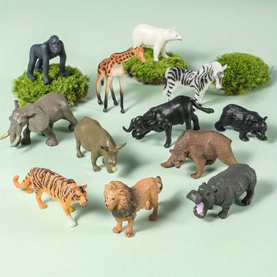 12 件/套逼真的丛林动物公仔玩具套装，采用 PVC 制成，栩栩如生的动物园动物，包括老虎、狮子、长颈鹿、犀牛、大象、棕熊、河马、斑马和北极熊，非常适合家居装饰、蛋糕装饰、桌面展示和收藏、恐龙玩具、微型动物、猴子玩具