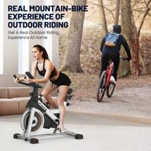 Bicicleta estática, bicicletas estacionarias para gimnasio en casa, bicicleta de entrenamiento con transmisión por correa, bicicleta de ciclismo indoor con pantalla digital y cojín de asiento cómodo, color negro